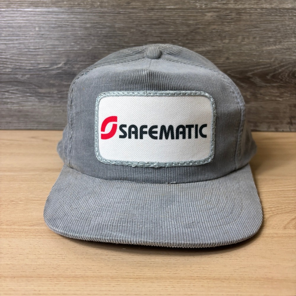 Vintage Safmatic Hat Cap Snap Back Gray Corduroy Patch Logo Adjustable